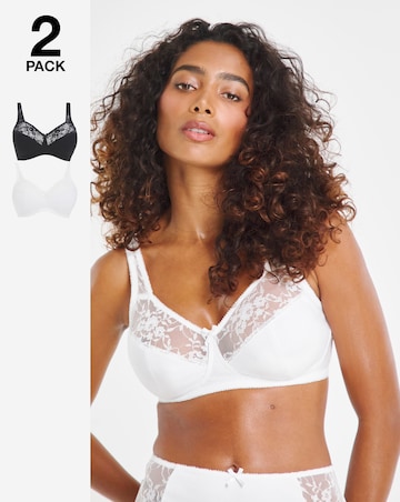 Pretty Secrets (2 Pack) Cotton Lace Non Wired Full Cup Bras (B-G) White/Black