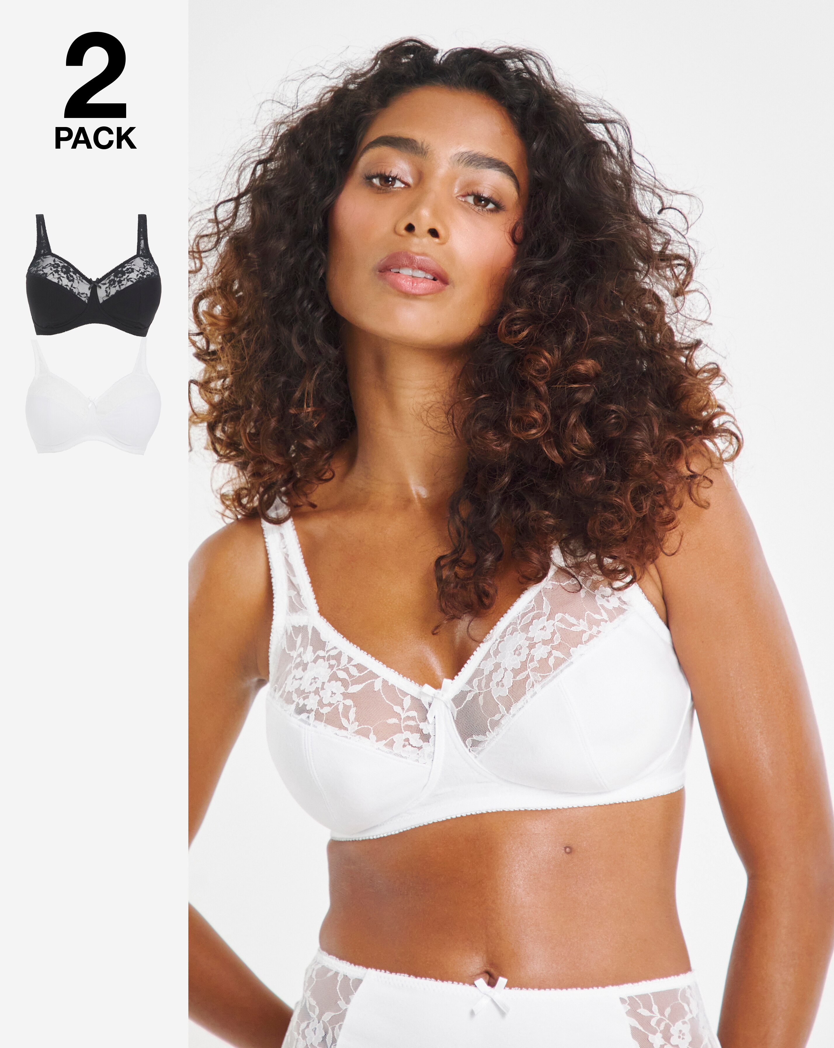 Pretty Secrets (2 Pack) Cotton Lace Non Wired Full Cup Bras (B-G) White/Black