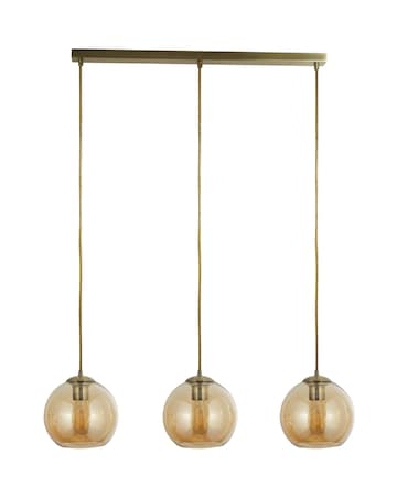 3 Light Antique Brass and Amber Glass Ball Ceiling Bar Pendant