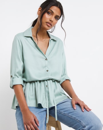 Misty Blue Three Quarter Sleeve Viscose Twill Drawstring Shirt