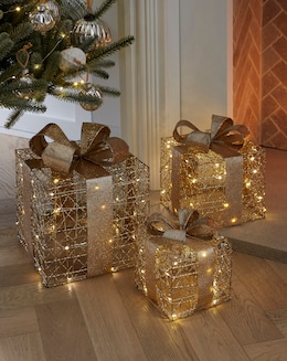 Set of 3 Gold Shimmer Light Up Presents
