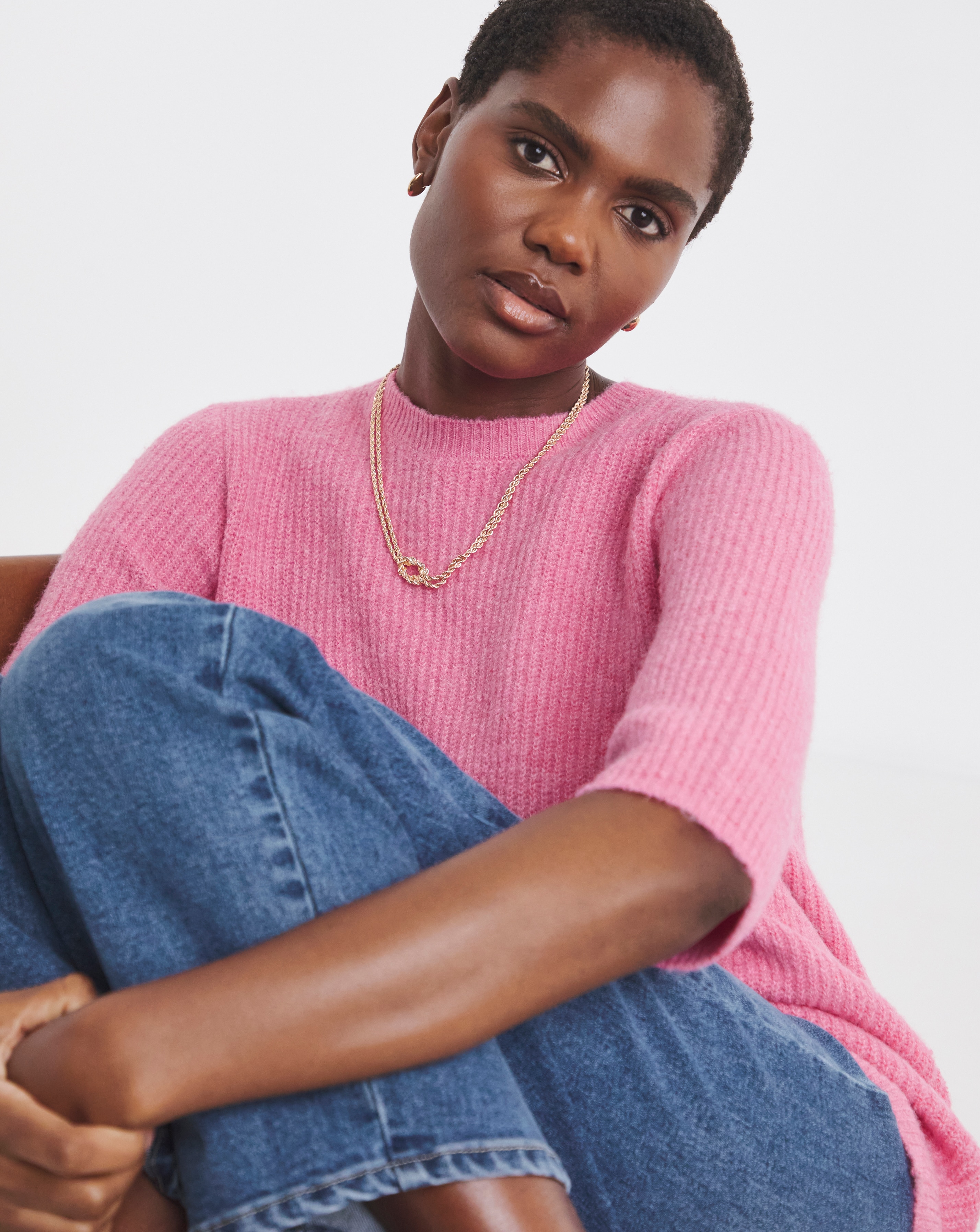 Cosy Yarn Pink Ribbed Short Sleeve Jumper | JD Williams