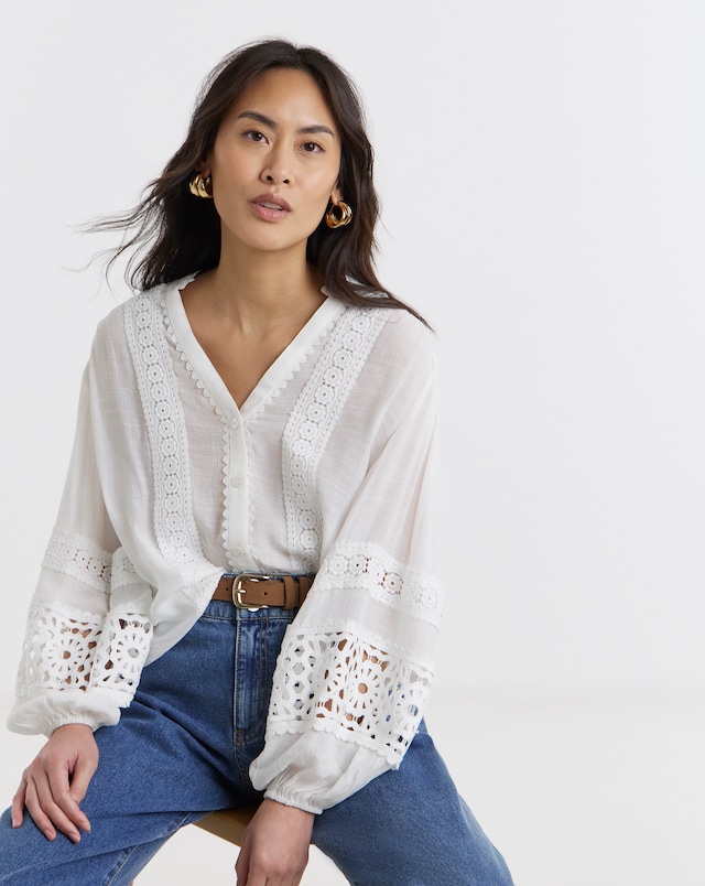 Lace Trim Button Through Prairie Blouse