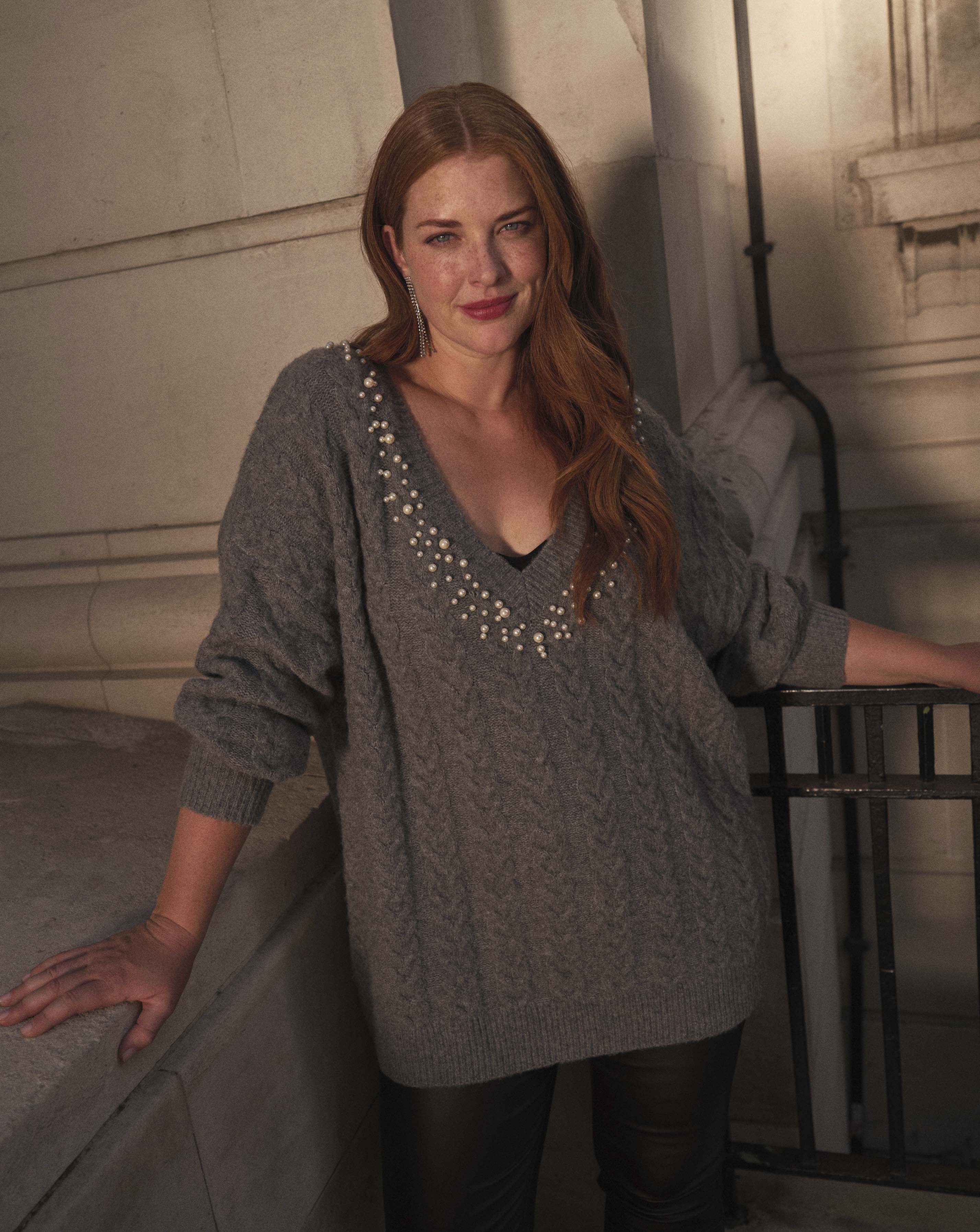 Grey V Neck Pearl Jumper