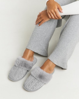 Dana Faux Fur Trim Mule Slippers - Wide Fit (E)