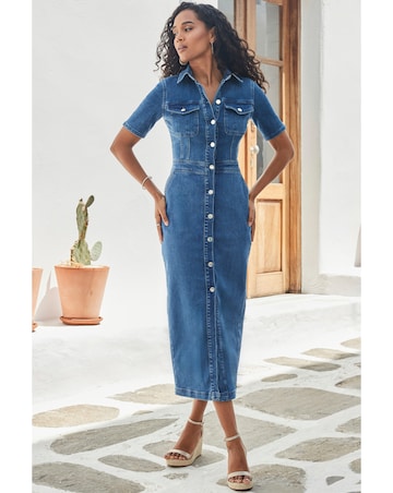 Sosandar Short Sleeve Button Front Denim Midaxi Dress
