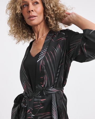 Black Print Satin Kimono With Tie Belt