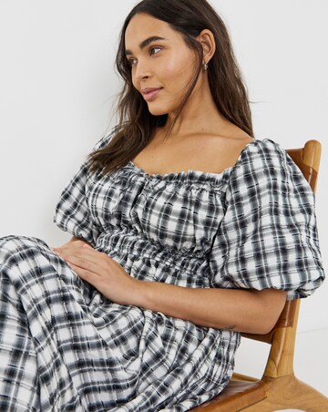 Simply Be Mono Check Midi Dress With Shirred Bodice