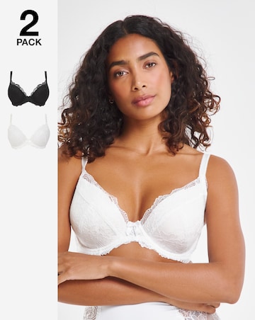 Pretty Secrets (2 Pack) Ella Lace Padded Plunge Wired Bras (B-J) Black/White