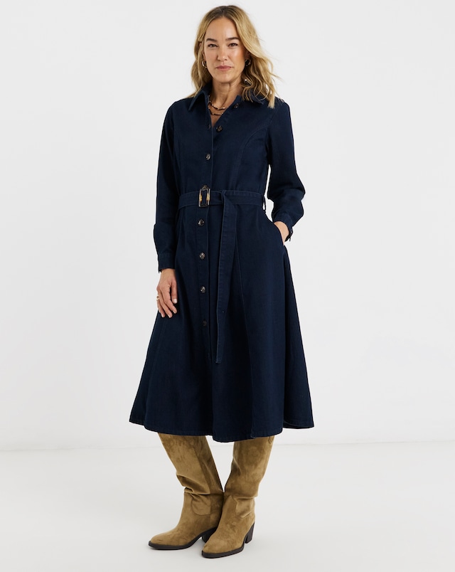 Indigo Belted Denim Midi Dress