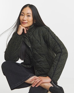 Khaki Leopard Funnel Neck Quilt Jacket