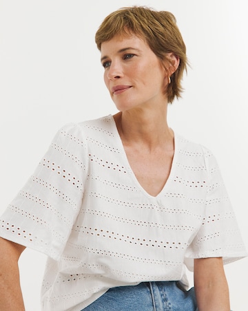 Pure Cotton White V Neck Brioderie Angel Sleeve Top