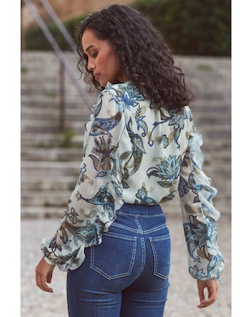 Sosandar Paisley Floral Print Metallic Stripe Blouse With Lace Up Detail