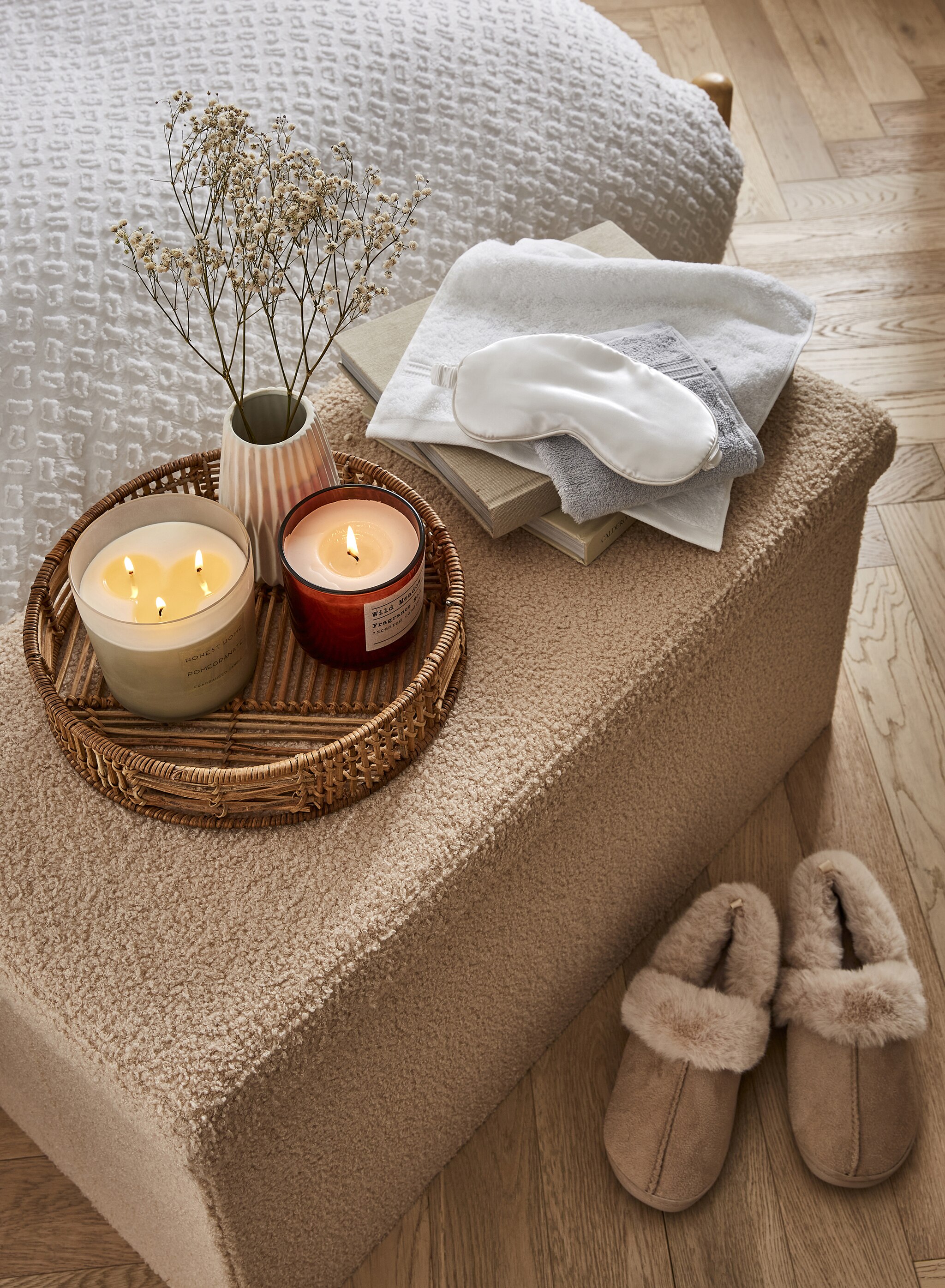 Candles, face mask, towels and other wellbeing items