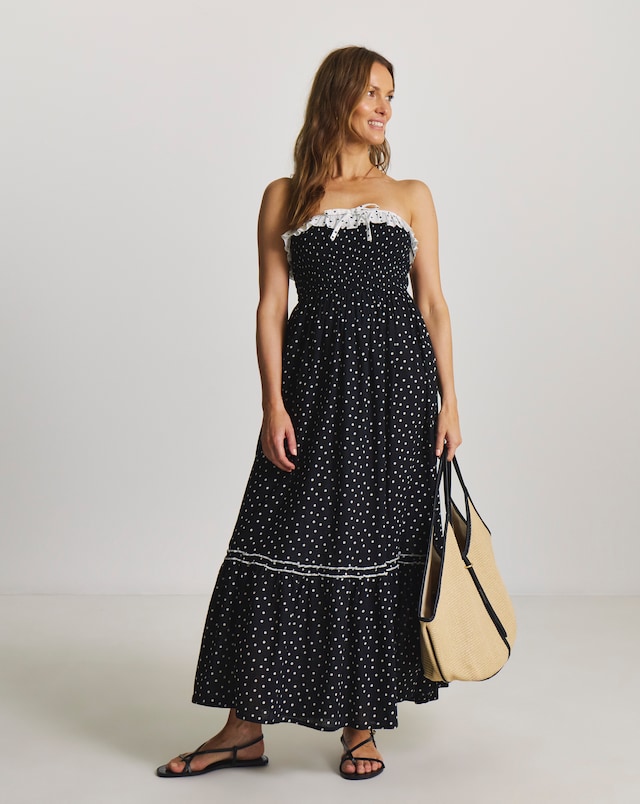 Figleaves Cotton Tiered Maxi Bandeau Spot Print Beach Dress