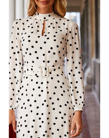 Sosandar Ivory and Black Spot Print Keyhole Detail Belted Fit and Flare Dress