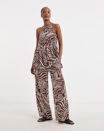 Brown Print Crinkle Pull On Wide Leg Trousers