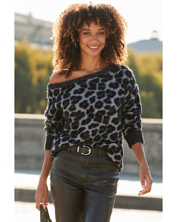 Sosandar Fluffy Animal Jacquard Metallic Off The Shoulder Jumper