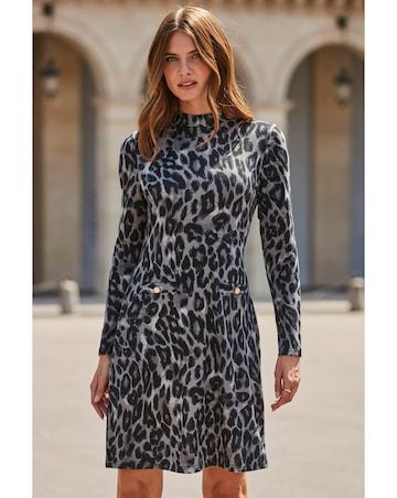 Sosandar Knit Pocket Detail Animal Printed Shift Dress