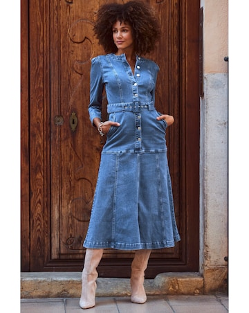 Sosandar Mid Blue Ruched Waist Popper Front Denim Dress