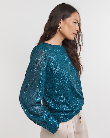 Teal Sequin Slash Neck Volume Sleeve Top