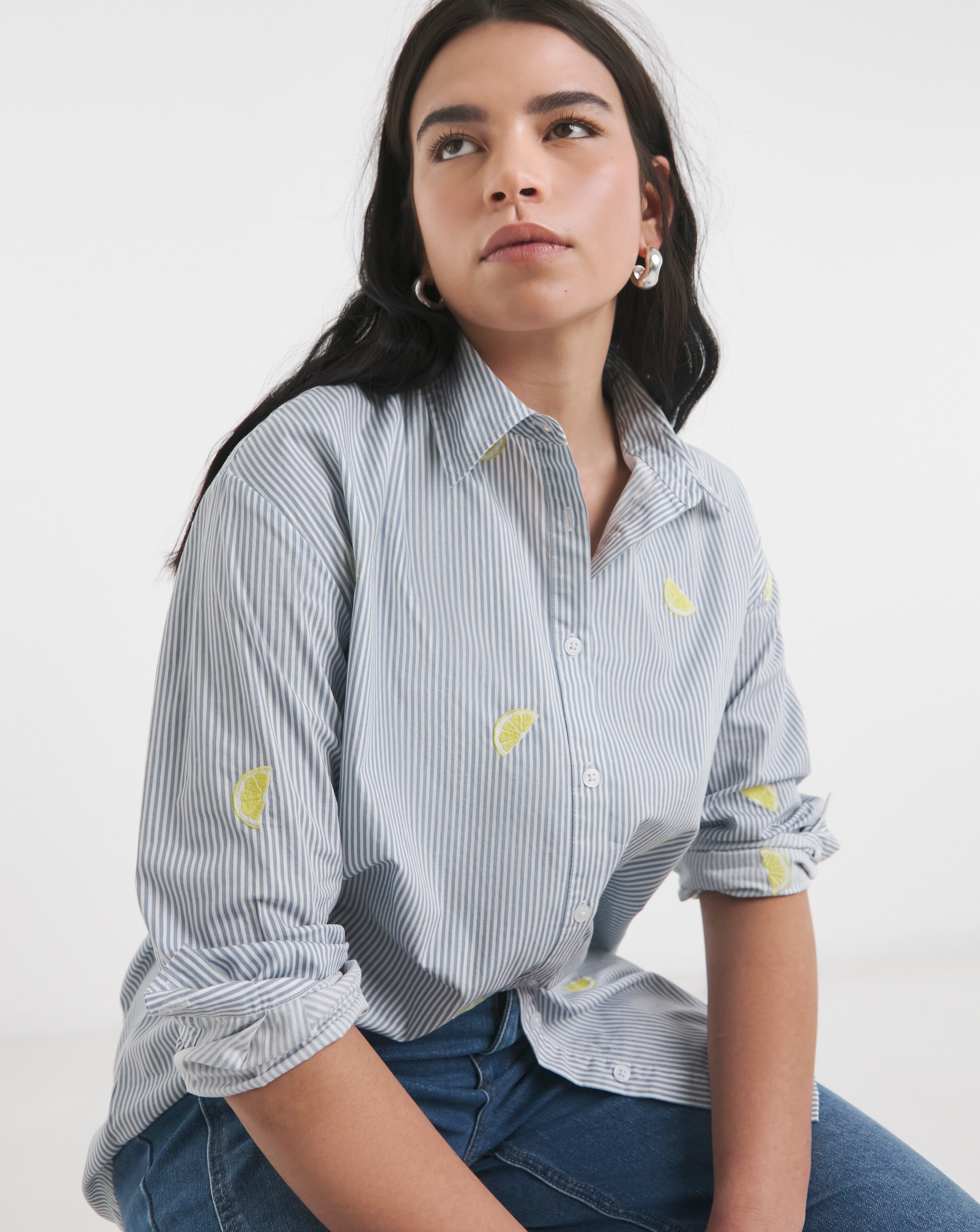 Simply Be Embroidered Lemon Stripe Oversized Shirt | JD Williams