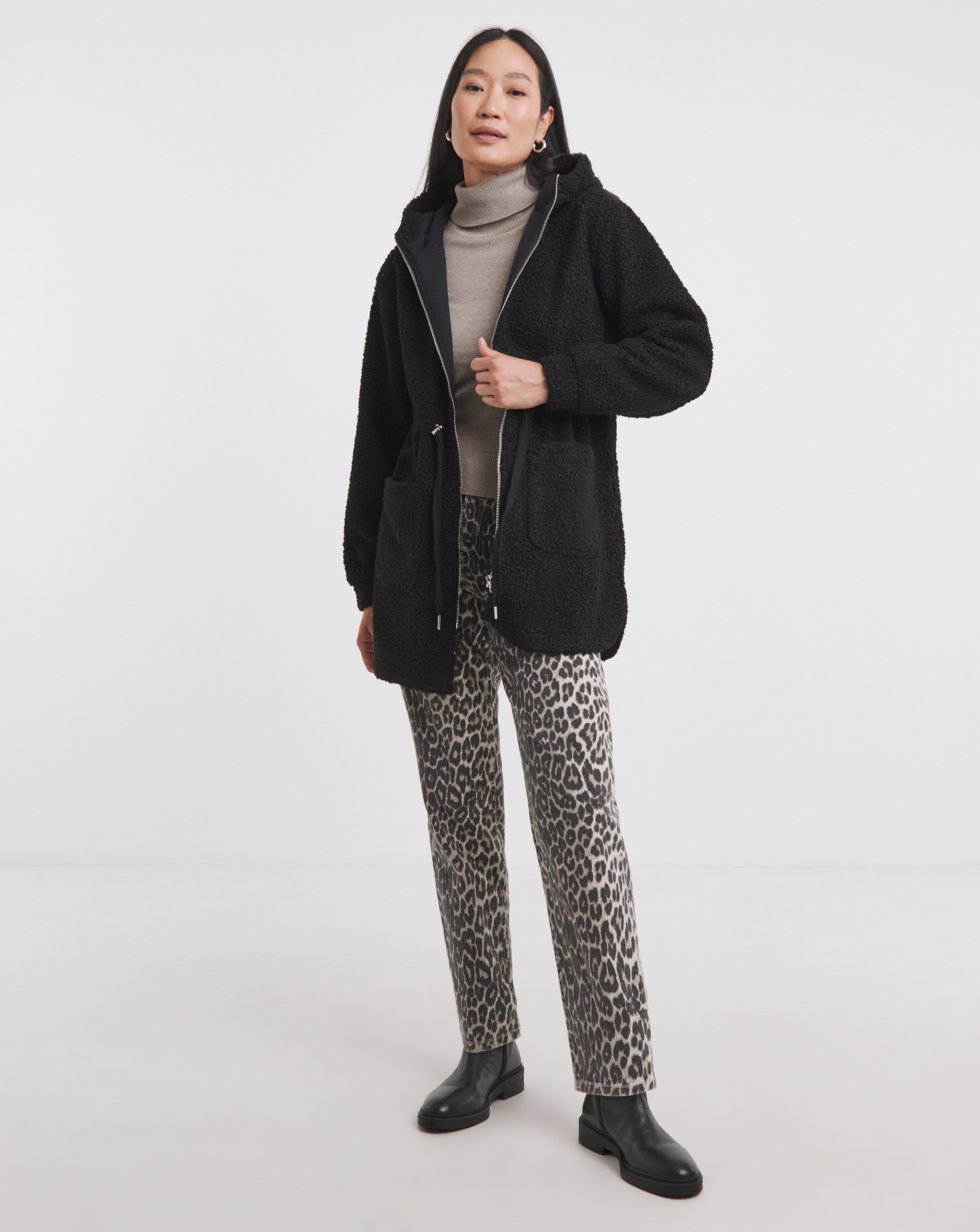Borg Zip Through Tie Detail Longline Hoodie | JD Williams