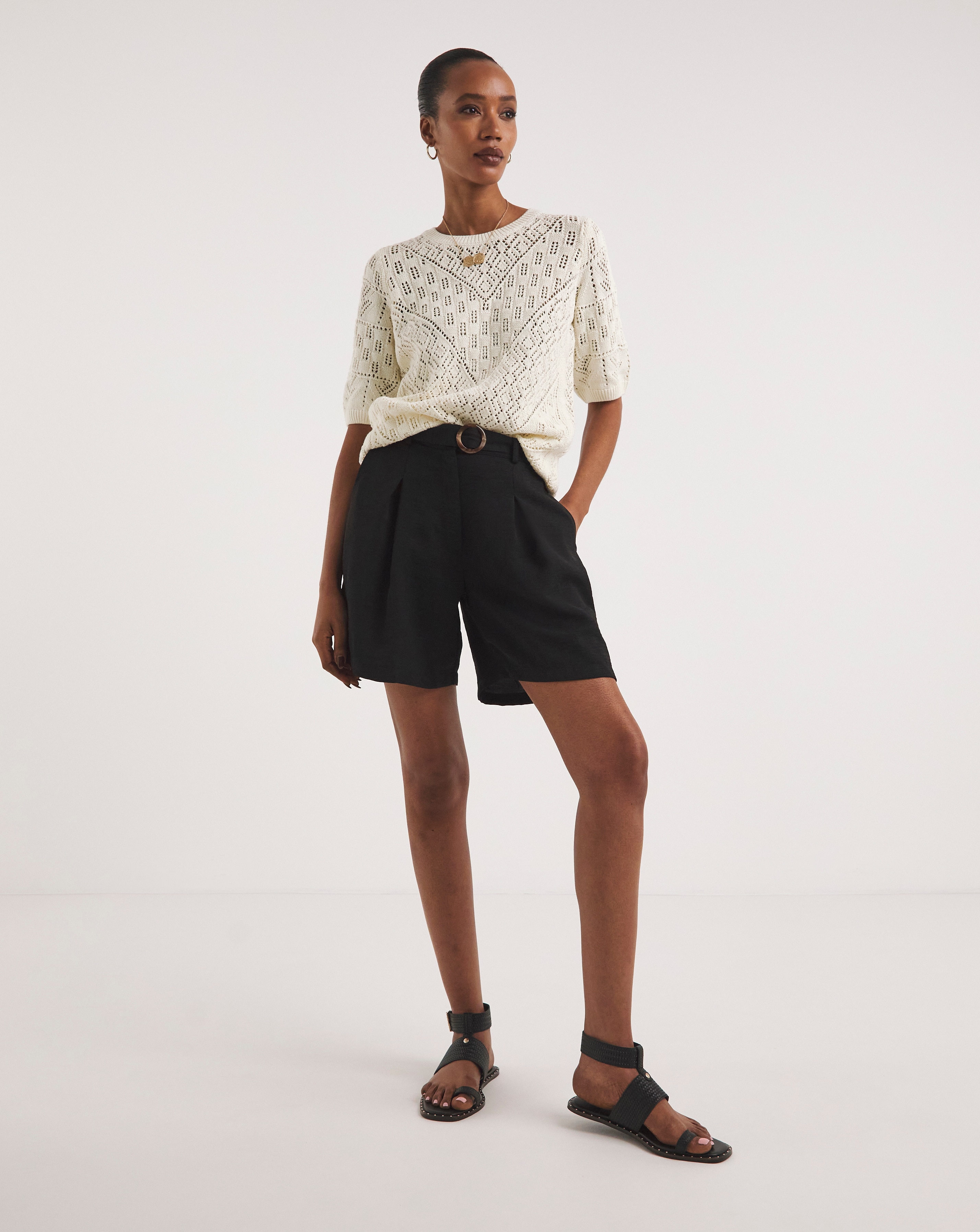 Black Textured Belted City Knee Length Shorts | JD Williams