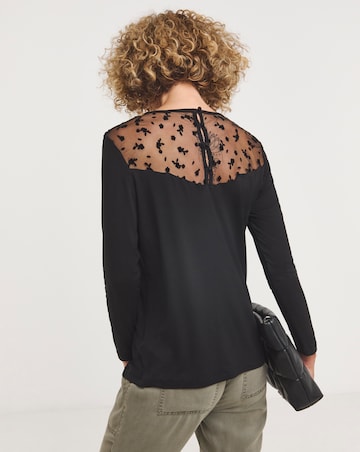 Black Floral Short Sleeve Flock Mesh Button Back Detail Top