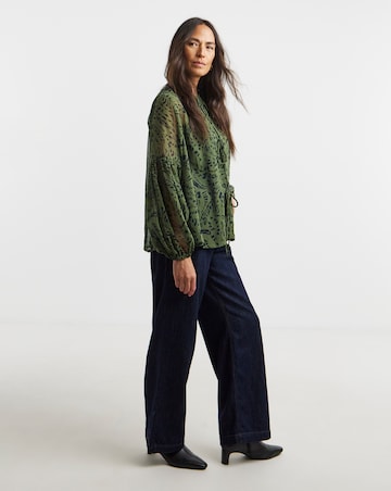 Womens Georgette Tie Detail Collarless Blouse - Khaki Print