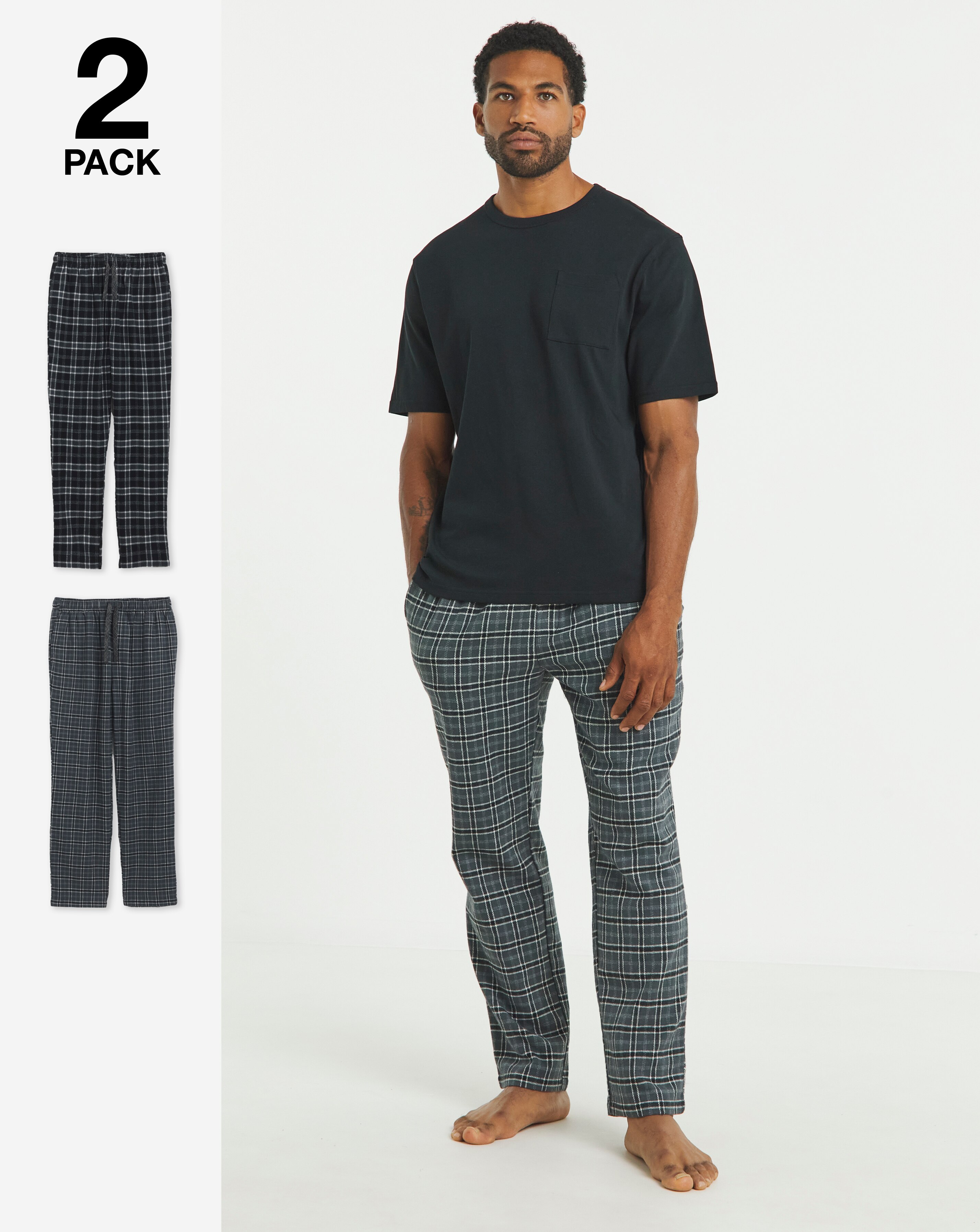2 Pack Brushed Flannel Check Pyjama Bottoms