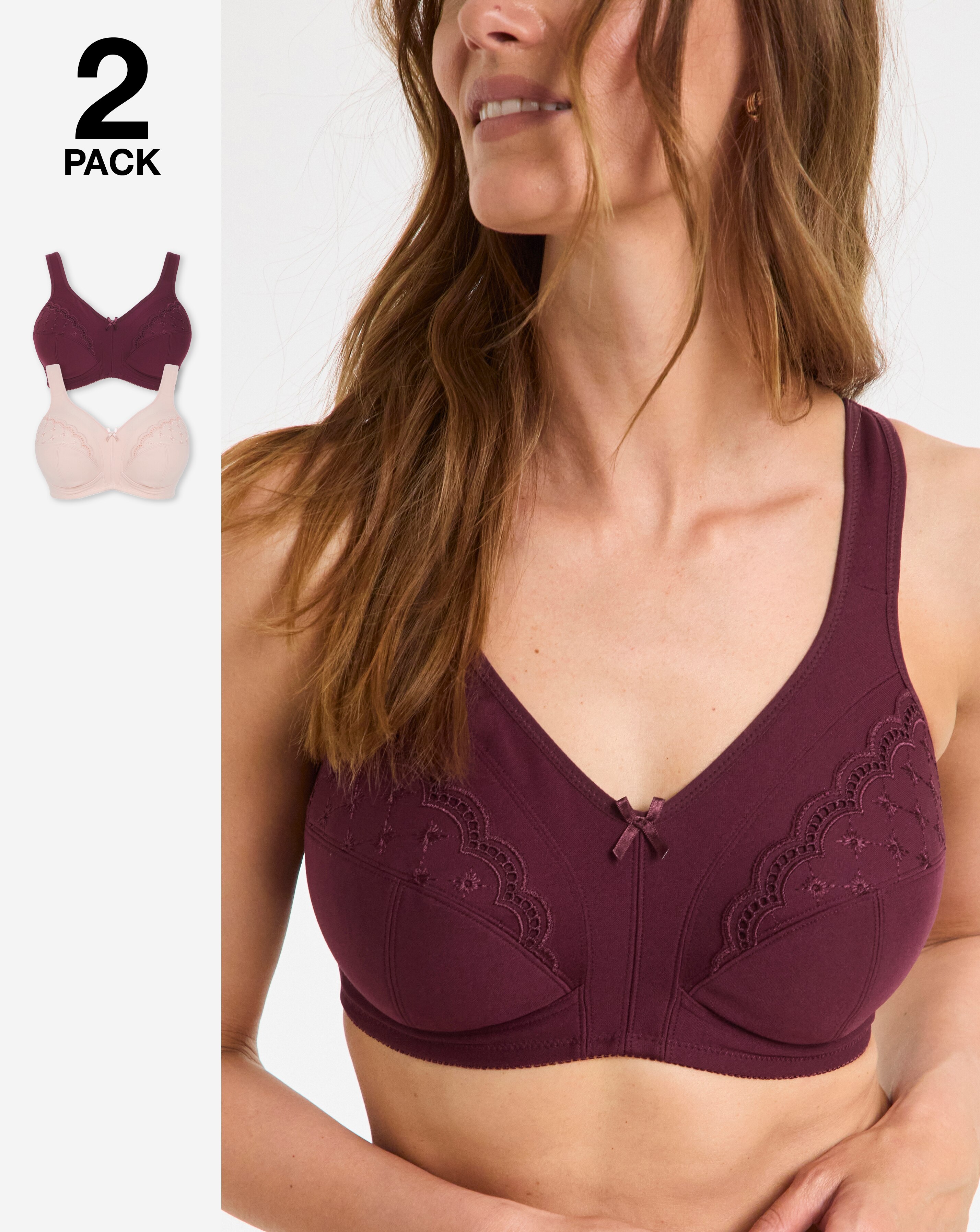 Pretty Secrets (2 Pack) Sally Minimiser Non Wired Bras (D-J) Cherry/Stone