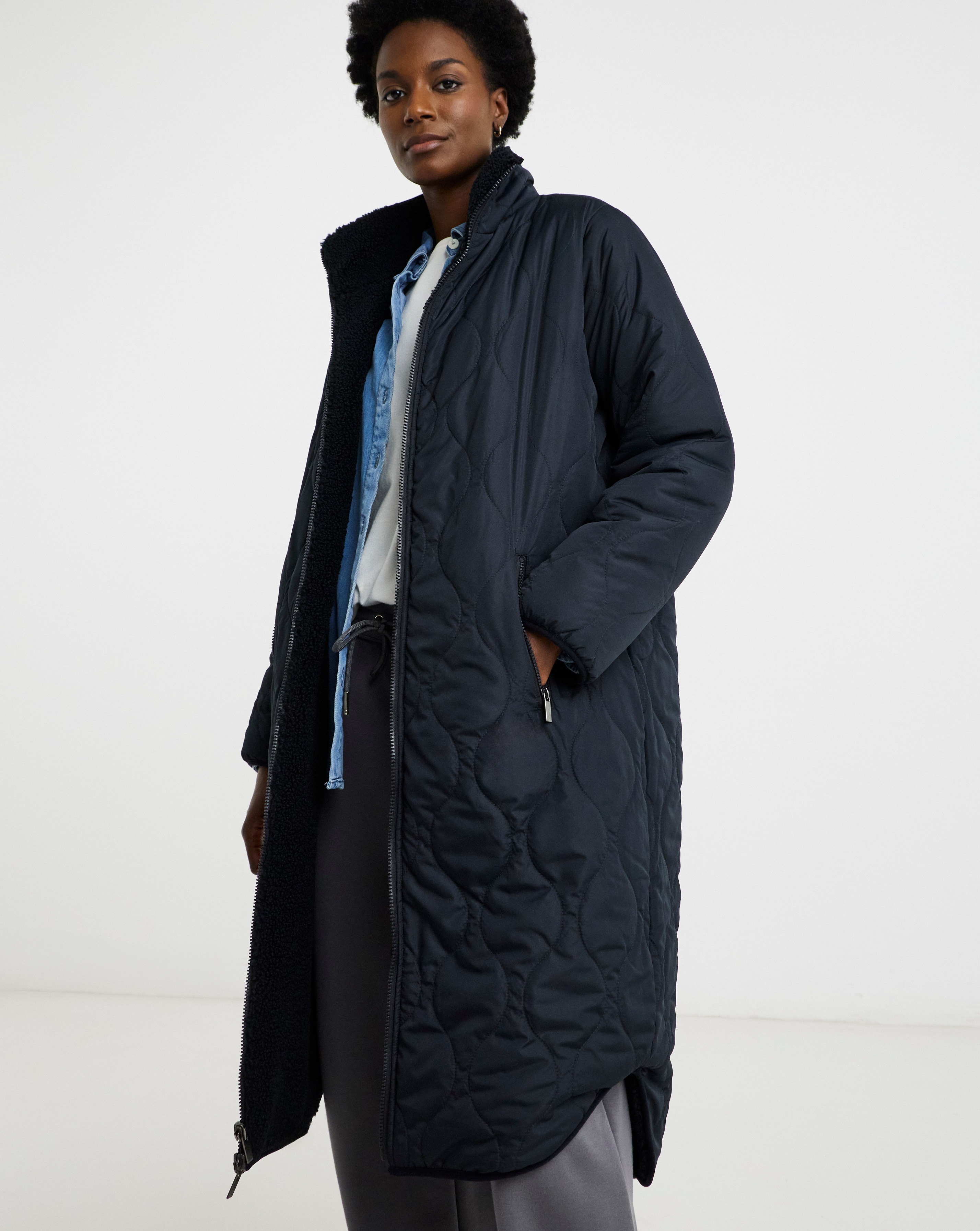 Dark Navy Reversible Borg Quilted Coat | JD Williams