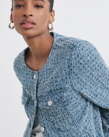 Fitted Collarless Boucle Textured Denim Jacket
