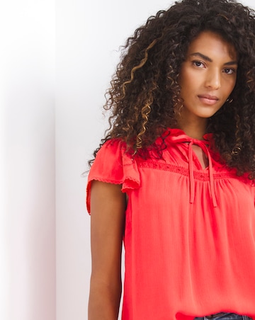 Red Short Sleeve Tie Neck Pleated Yoke Top