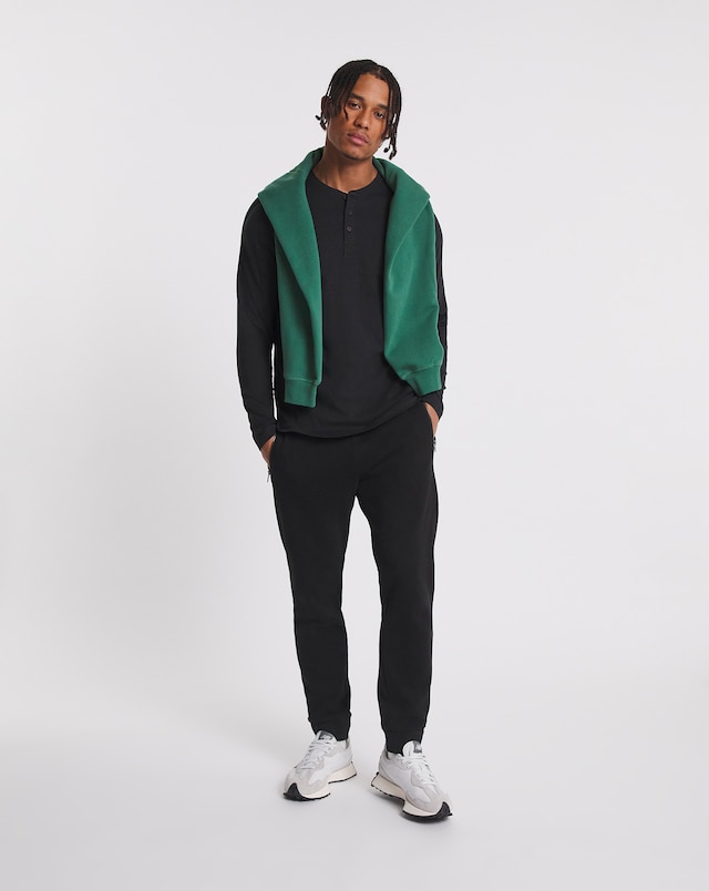 Long Sleeve Grandad T-Shirt Long Length- Black
