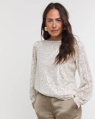 Silver Sequin Slash Neck Volume Sleeve Top