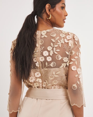 Joanna Hope Latte 3D Lace Scallop Sleeve Satin Midi Dress