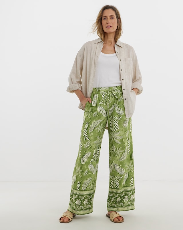 Printed Linen Mix Wide Leg Trousers