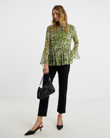 Georgette Collarless Trumpet Sleeve Peplum Blouse