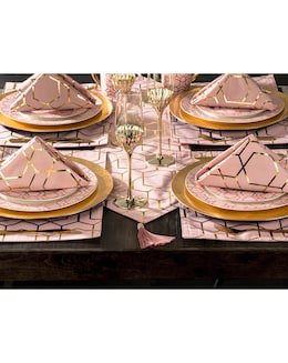 Waterside 9 Piece Tallulah Pink &amp; Gold Geo Table Runner, Placemat &amp; Napkin Set
