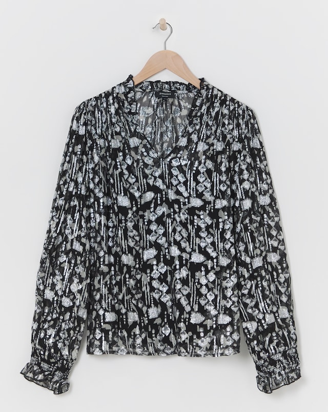 Silver V Neck Metallic Jaquard Blouse