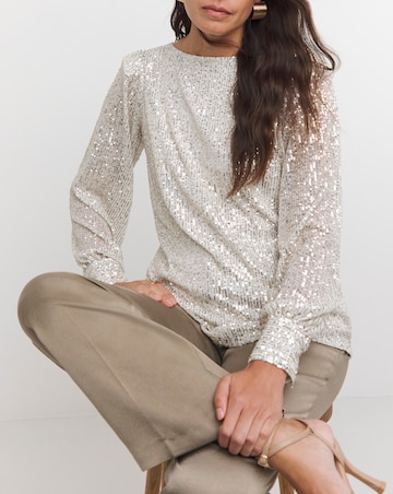 Silver Sequin Slash Neck Volume Sleeve Top
