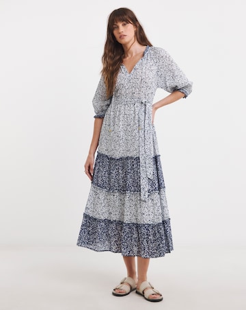 Mixed Print Tiered Hem Waisted Dress