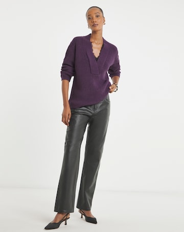 Plum V Neck Lace Trim Jumper