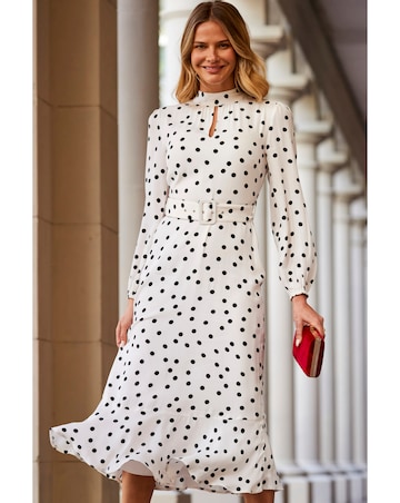 Sosandar Ivory and Black Spot Print Keyhole Detail Belted Fit and Flare Dress