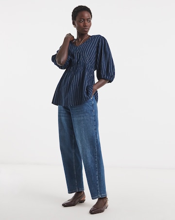 Striped Shirred Seam Puff Sleeve Top