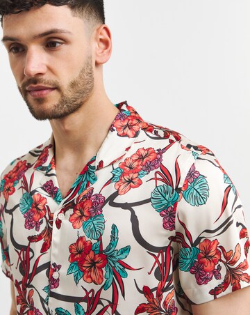 Coral Floral Print Cuban Collar Shirt