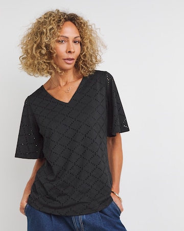 Black Stretch Jersey Short Sleeve Broderie Top