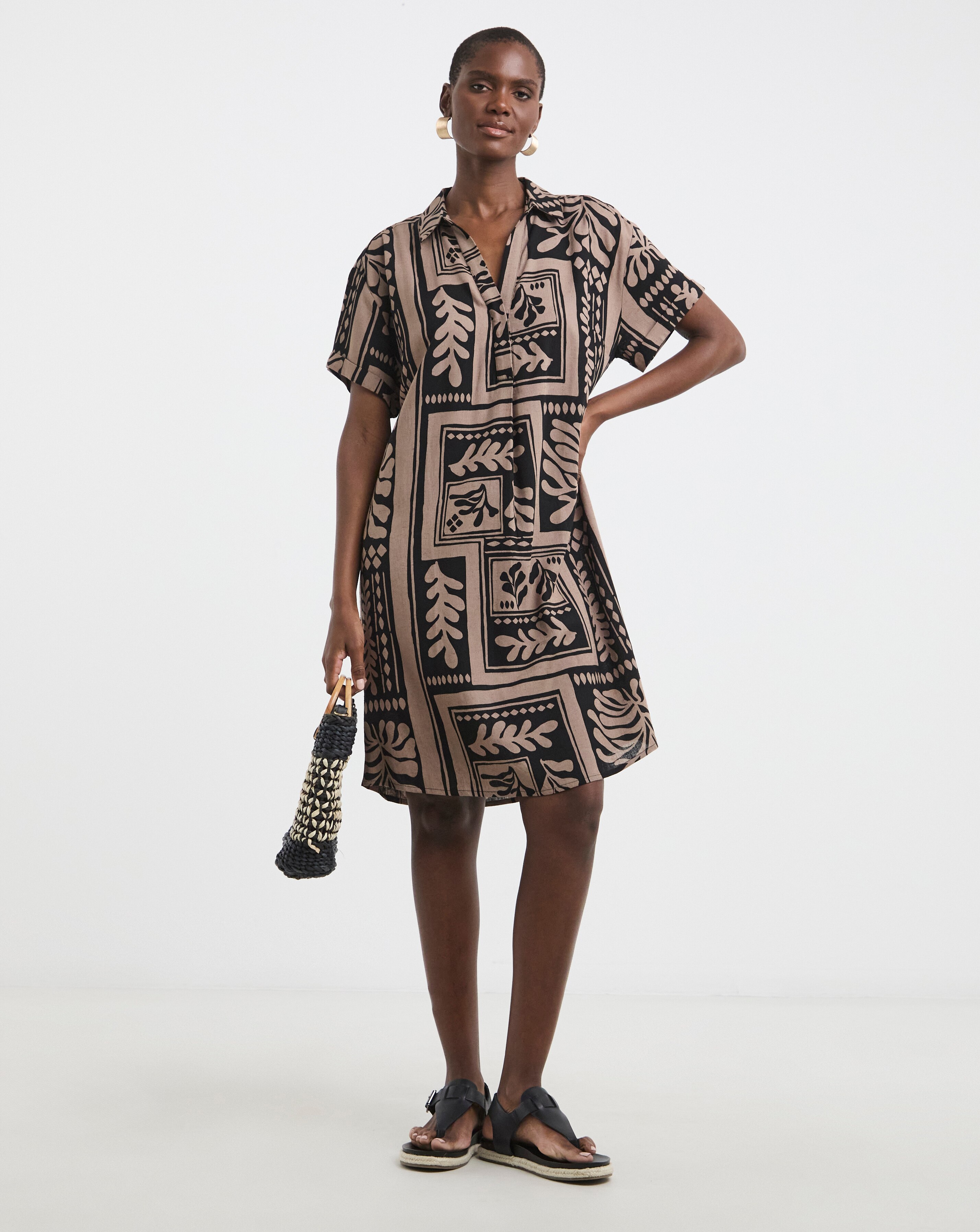 Linen Mix Collared Tunic Dress